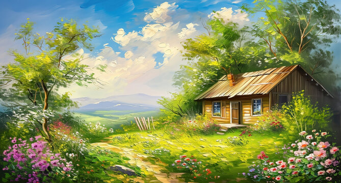 Summer landscape of the Polish countryside, an old wooden house surrounded by fields, meadows and flowers, idyllic view, oil painting.