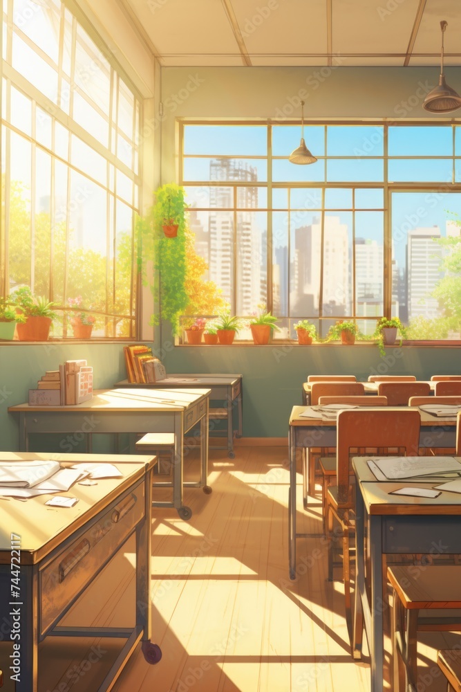 Poster a typical classroom setup with desks, chairs, and a window. suitable for educational and school-rela