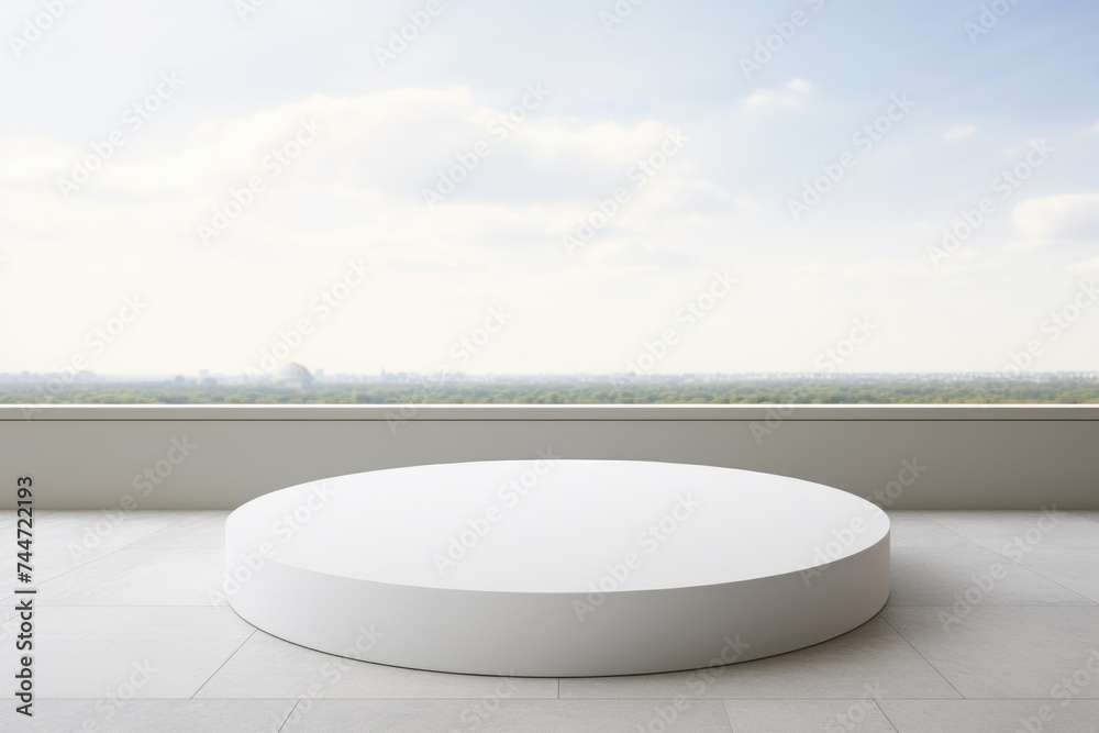 Poster a round white table on a tiled floor, suitable for interior design concepts