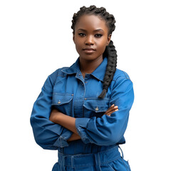 A confident portrait photo of a african female mechanic on a transparent background. A skilled female technician in a blue jumpsuit on a transparent background