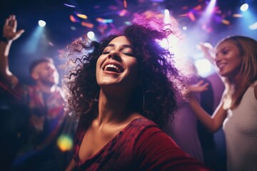 A joyful woman dancing and laughing at a lively party. Ideal for party and celebration concepts