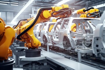 Robots assembling cars in an industrial setting. Suitable for automotive industry concepts