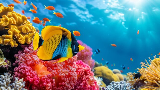 Colorful butterflyfish swimming among vibrant corals in a saltwater aquarium environment