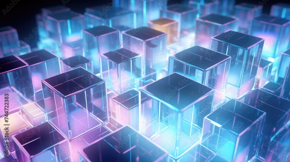 Poster a bunch of glowing cubes in the dark, suitable for technology concepts