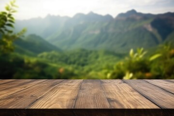 The empty wooden brown table top with blur background of trekking path. Exuberant image. generative AI