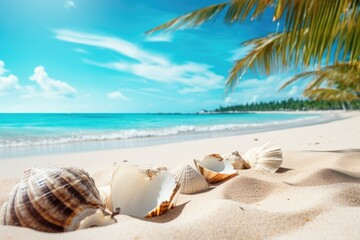 Fototapeta na wymiar Seashells on a sandy beach with palm trees in the background. Perfect for travel and tropical themes