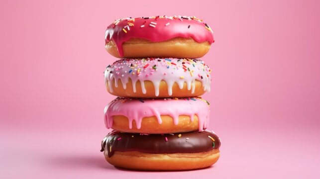A stack of three delicious donuts with pink frosting and colorful sprinkles. Perfect for bakery or dessert themed projects