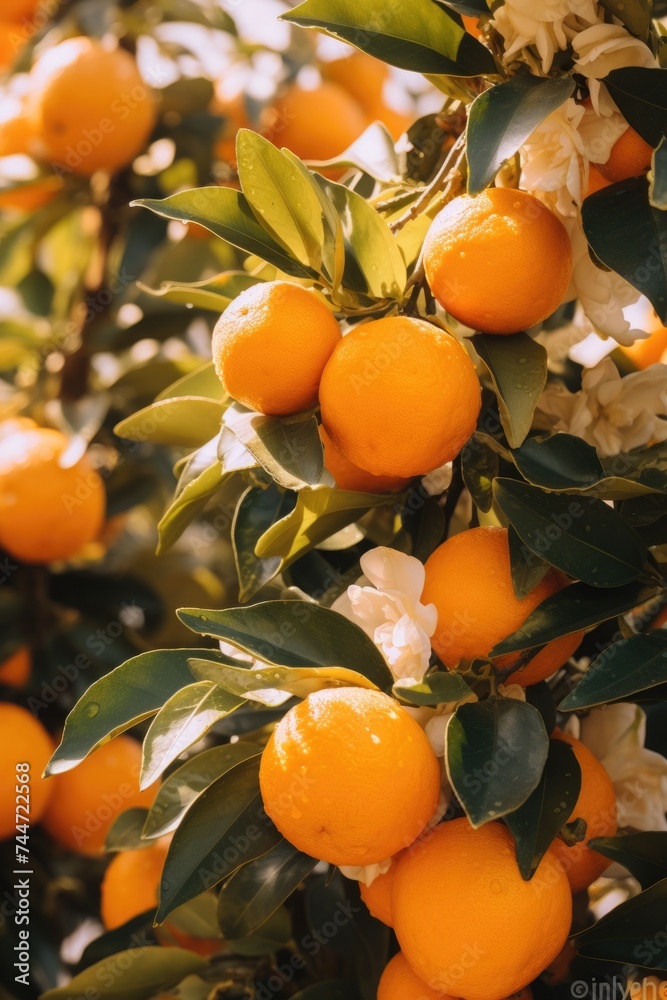 Poster fresh oranges hanging from a tree, ideal for food and agriculture concepts