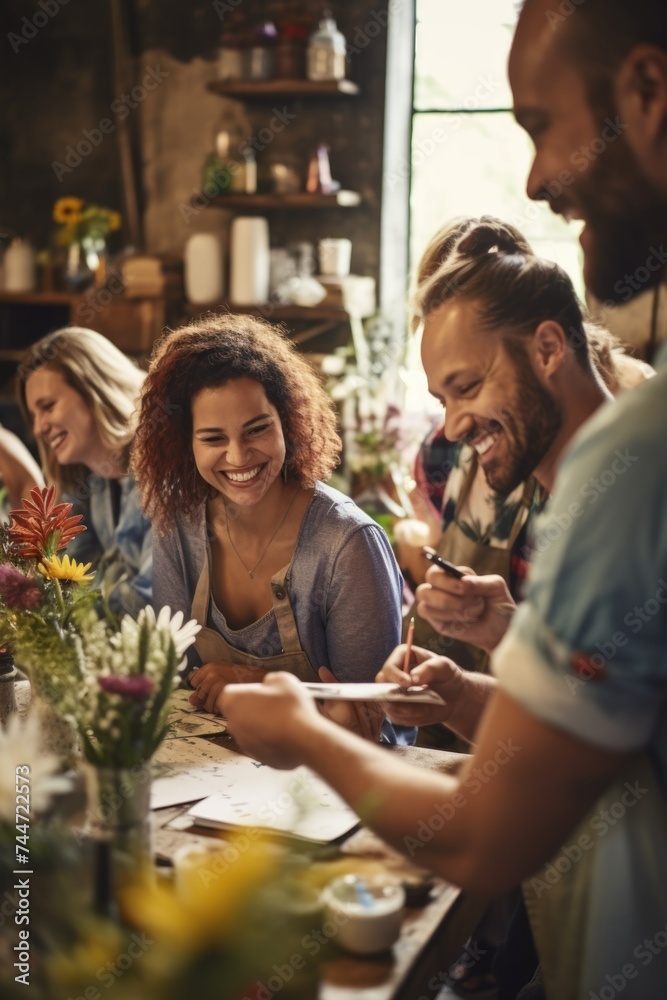 Poster a diverse group of individuals gathered around a table. suitable for business meetings or social gat