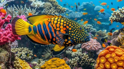 Colorful triggerfish swimming amid vibrant corals in a saltwater aquarium environment