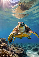 A sea turtle swims underwater against the seafloor background