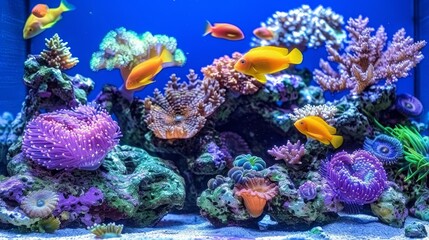 Fototapeta na wymiar Tropical fish gracefully glide among vibrant corals in a mesmerizing saltwater aquarium display.