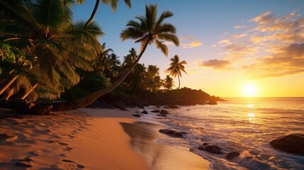 A scenic view of a beach with palm trees and rocks in the water. Ideal for travel and vacation concepts