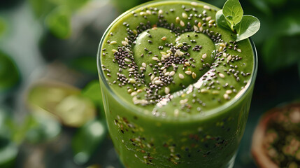 Green smoothie with heart of seeds, Fresh green smoothie with banana and spinach with heart of sesame seeds. Love for a healthy raw food concept, Generative Ai 