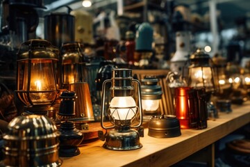 Various types of lanterns displayed on a shelf. Ideal for home decor or outdoor lighting projects