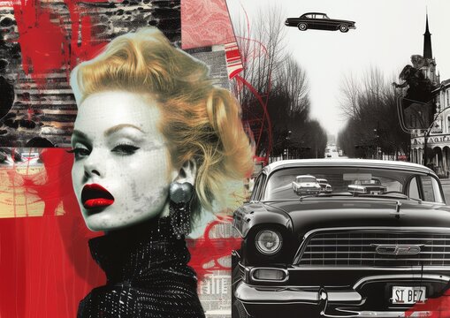 a moodboard, collage various techniques, photos, prints, theme: mob wife, furr, red lips, blonde, big hair, cars, modern --ar 113:80 --v 6 Job ID: bc189923-ec99-4d2e-999e-b88e4cf3ae15