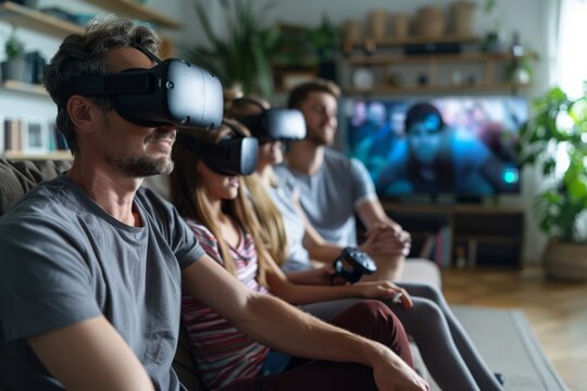 A family using a multi-dimensional entertainment system in their living room, experiencing a movie as a virtual reality adventure