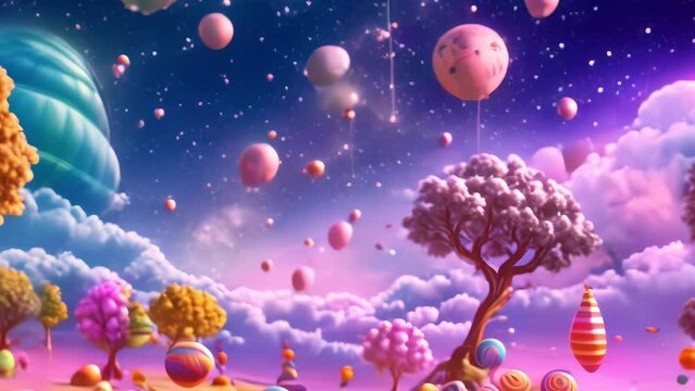 Candy planet cartoon poster with fantasy alien tree