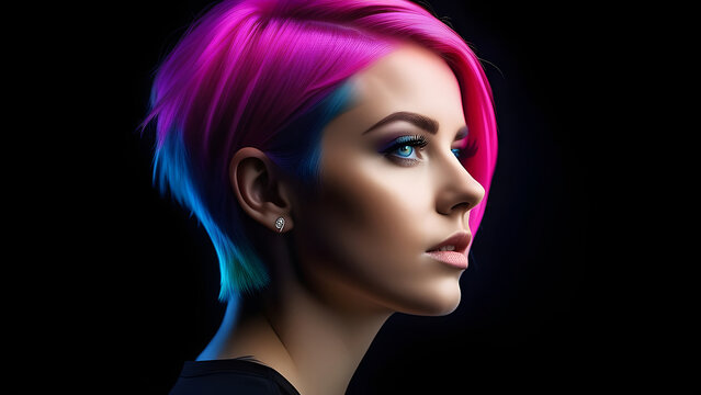 Pink hair and neon makeup of a girl on a black background.
