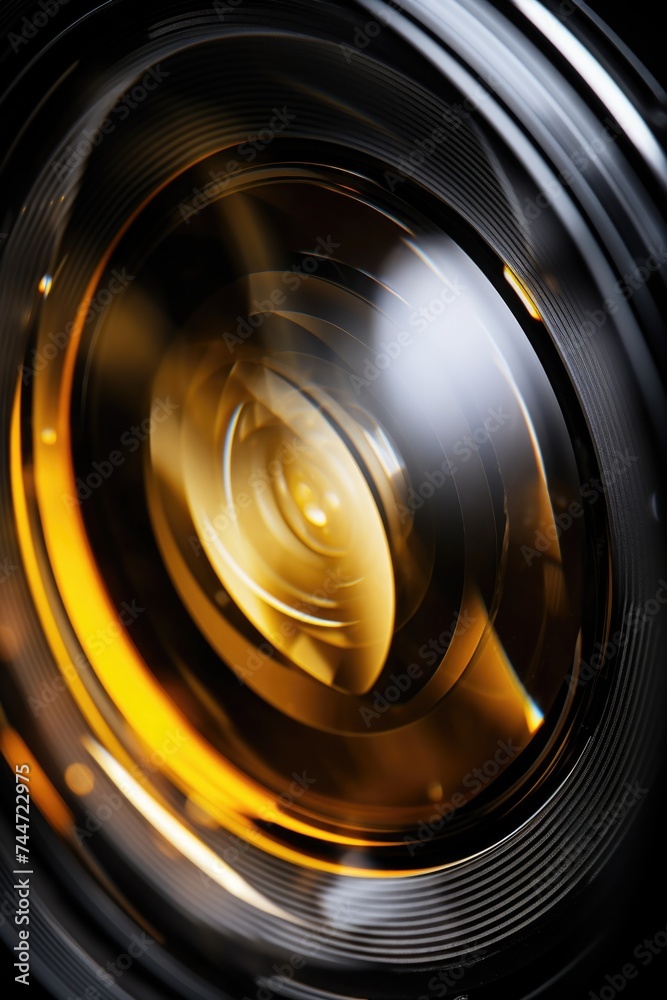 Poster close up of camera lens with blurry background. ideal for technology concepts