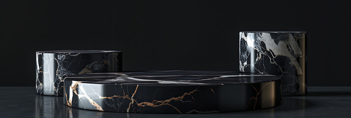 Abstract black marble podium, offering a timeless and elegant platform for showcasing high-end products. 