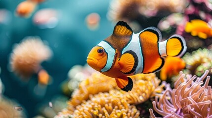 Naklejka na ściany i meble Colorful clownfish gracefully swim among vibrant corals in a captivating saltwater aquarium habitat