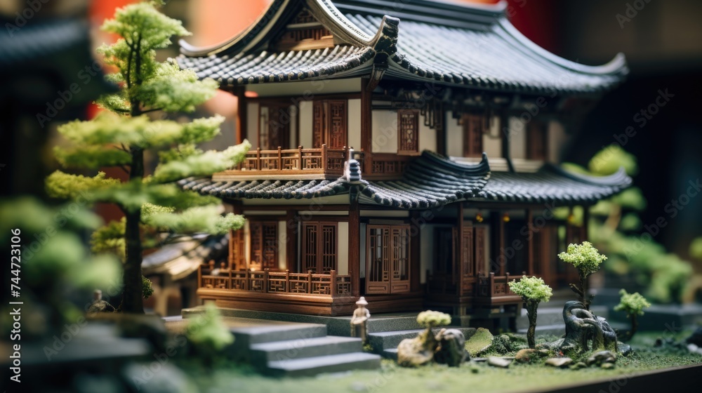 Poster A model of a building with trees in the foreground. Suitable for architectural and environmental concepts