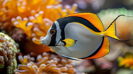 Surgeonfish swimming among colorful corals in a vibrant saltwater aquarium ecosystem
