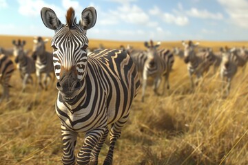 A herd of zebras running across the African plains, their stripes creating a mesmerizing pattern against the landscape