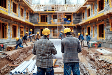 Two construction engineers in hard hats discuss over blueprints at a residential building site, with active construction work and workers in the background. - obrazy, fototapety, plakaty