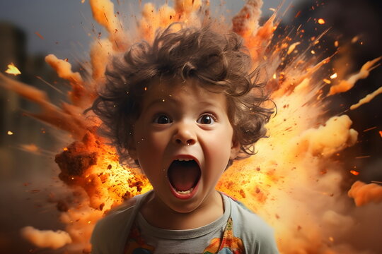 screaming child boy head burning and exploding