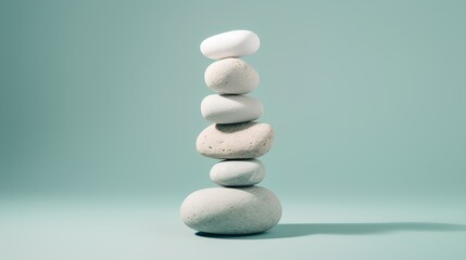Balancing stones on pastel green background. Creative relaxing wallpaper. 