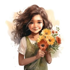 Naklejka premium Charming Hispanic Girl with Bouquet of Flowers Watercolor Illustration