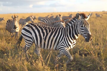 Fototapeta na wymiar A herd of zebras running across the African plains, their stripes creating a mesmerizing pattern against the landscape