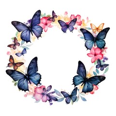 Live Butterfly Watercolor Wreath Exquisite Detail on White Background