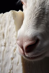 Close-up shot of a goat's nose with a piece of cheese. Ideal for farm or animal-themed designs