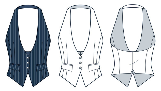  Plunging Vest Jacket technical fashion illustration, striped design. Classic Vest Jacket fashion flat technical drawing template, halter neck, front, back view, white, dark blue, women CAD mockup set