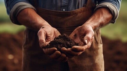 A man holding a handful of dirt. Suitable for environmental concepts - obrazy, fototapety, plakaty