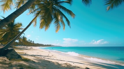 A tranquil sandy beach with palm trees under a clear blue sky. Perfect for vacation destinations