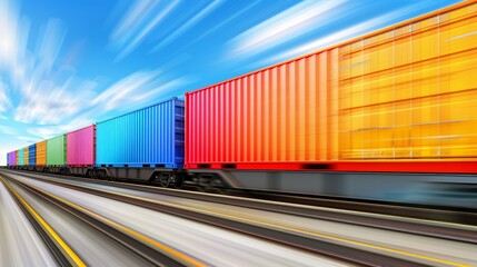 Obraz premium Cargo train with sea containers on tracks near dense forest, side view perspective