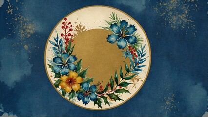 Obraz na płótnie Canvas watercolor blue blank card with tropical flowers border, round framework for invitation or congratulation