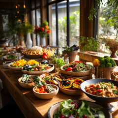 Fototapeta na wymiar Gluten-Free Vegan Meal Spread Highlighting Fresh Organic Produce on a Rustic Setup