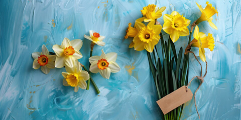 Bouquet of yellow daffodils on a blue background, copy space