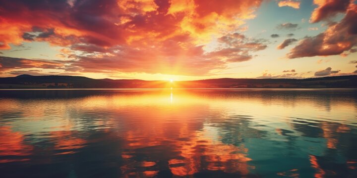 Beautiful sunset scene over a calm body of water, perfect for nature backgrounds