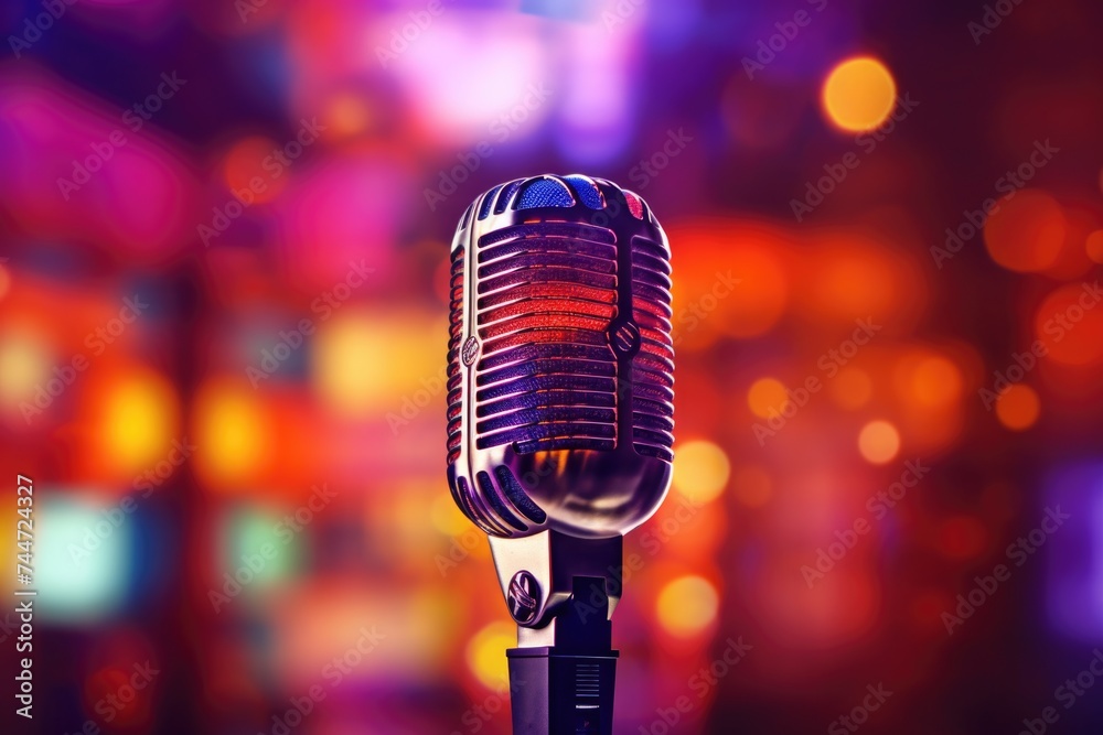 Poster Close up of a microphone on a stand, suitable for music and performance concepts