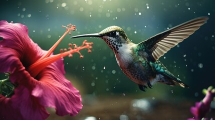 Beautiful hummingbird feeding on a pink flower. Suitable for nature and wildlife themes