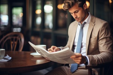 A man sitting at a table reading a newspaper. Suitable for lifestyle and leisure concepts