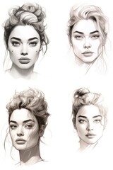 Collection of four unique sketches of a woman's face. Ideal for art projects or beauty publications