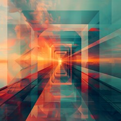 Abstract Geometric Corridor with Sunset Backdrop