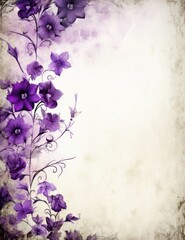 Naklejka na ściany i meble Romantic White Paper Background with Delicate Purple Malva Flowers and Flourishing Botanicals